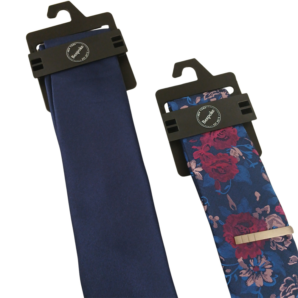 BESPOKE Elegant Men's Ties - Solid Navy Blue & Floral Pattern Blue Pink Red Tie
